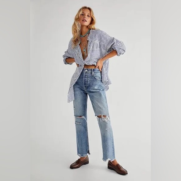 Free People Denim - Free People Light Blue Distressed Flare Jeans